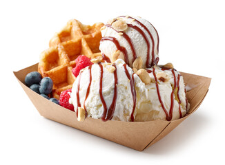 belgian waffle with fresh berries and vanilla ice cream
