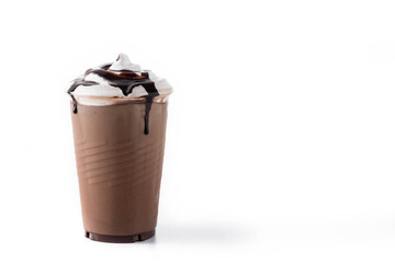 Chocolate iced milkshake isolated on white background.	 Copy space