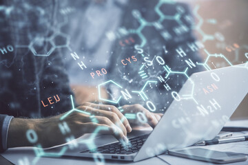 Science formula hologram with man working on computer on background. Education concept. Double...