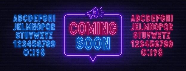 Coming soon neon sign in speech bubble frame with megaphone. Red and blue neon alphabets.Vector illustration.