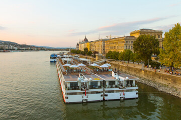 View of the Danube river embankment in Budapest at sunset. Hungary