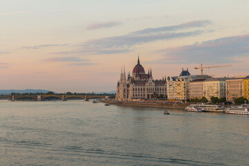 View of the Parliament building in Budapest at sunset . Hungary