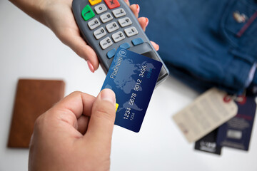 woman man hands holding plastic card pay pass online terminal