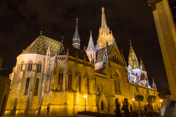Fototapeta na wymiar Night view of the Church of St. Matthias in Budapest. Hungary