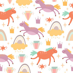 cute seamless pattern with horses and unicorns, pastel background for kids with rainbow. funny doodles
