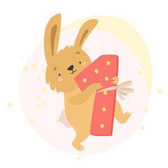 illustration of a cute bunny with number one. happy birthday kid. cute rabbit baby