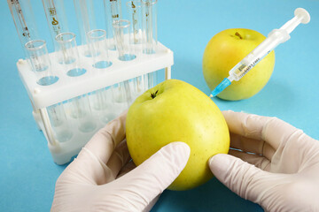 apple in genetic engineering laboratory with syringe and test tubes on blue background, gmo food...