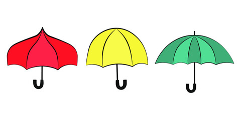 Red yellow and blue umbrellas vector icon set illustration on white background