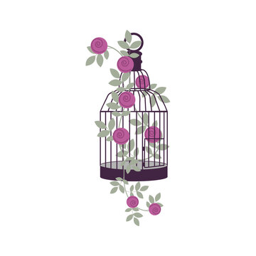 Decorative cage for birds with a branch of a rose.
