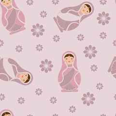 A seamless pattern with a matreshka in an Indian folk dress