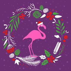 Naklejka premium Tropical Christmas greeting card with flamingo and floral wreath