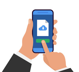 File download with phone. Document downloading app. Hand holds smartphone with download file manager. Vector illustration.