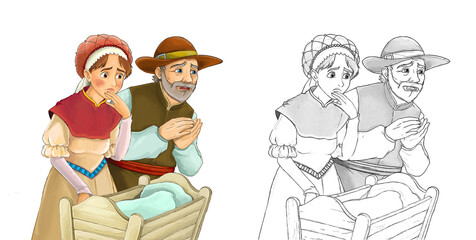 sketch with cartoon characters witch or sorceress