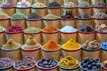 Colorful piles of spices in Dubai souks, United Arab Emirates