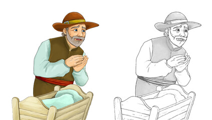 cartoon sketch scene with men and cradle illustration
