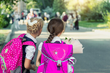 Pir of cute adorable little caucasian school girls with big pink backpacks wearing uniform and flowers bouquet going back to school. First class primary elementary education happy pupils
