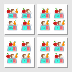 Mathematical Addition Subtraction Puzzle. System of equations. Math game set with pictures for children, advanced level, education game for kids, school worksheet activity, critical thinking. Scales.