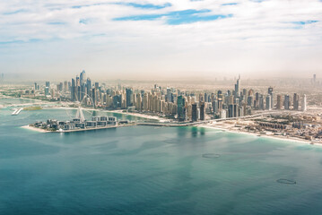 Aerial view of Dubai Marina skyline with Dubai Eye ferris wheel, United Arab Emirates