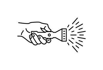 Hand holds pocket flashlight, vector linear icon.