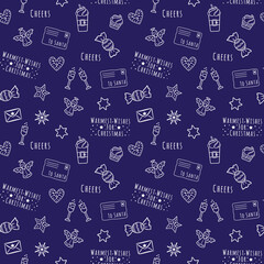 Vector white linear cartoon Christmas and New Year seamless pattern with champagne, glasses, candy, angel, drink, star