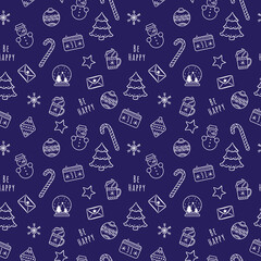 Naklejka premium Vector white linear cartoon Christmas and New Year seamless pattern with snow ball, candy, snowflakes, calendar, snowman