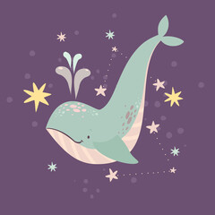 beautiful blue whale in the stars and constellations. vector illustration, pastel colors, space theme
