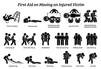 First aid techniques on moving an injured victim stick figures icons. Vector illustrations of the methods, procedures, and how to move or relocating an injured person.