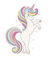 Vector illustration with cute unicorn isolated on white background. Flat cartoon design for birthday, invitation, greeting card, nursery print, baby shower. Magical fabulous animal.