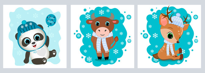 Cute animals.Christmas greeting set card template design. Perfect for greeting cards, party invitations, posters, stickers, pin, scrapbooking, icons. Vector illustration.Merry Christmas & Happy New Ye