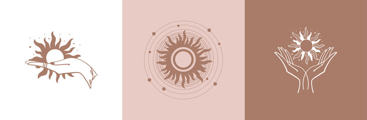 Set of mystical logos with the sun. The hand holds the sun. Set of vector drawings for tattoo, boho design, astrology, cosmetics, beauty, tattoo, astrology, manicure, jewelry store.  © Salomi art