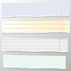 Set of torn white and yellow note, notebook strips, lined and squared paper pieces stuck on grey background.notes paper .Vector eps 10