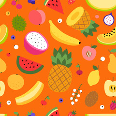 Fruit vector pattern. Seamless background with fruits. Colorful pattern with healthy food