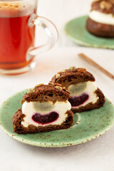 Dessert Shu cake on plate on red background