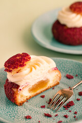 Сut dessert Shu cake on plate  
