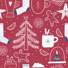 Christmas & New Year seamless pattern. Christmas design for wrapping paper, fabrics, covers and cards. Vector illustration