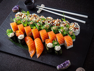 sushi on the black background