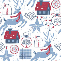 Christmas & New Year seamless pattern. Christmas design for wrapping paper, fabrics, covers and cards. Vector holiday illustration