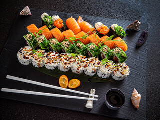 sushi on the black background