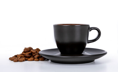 a cup of coffee with coffee beans