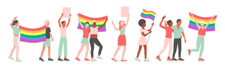 LGBT pride parade. Men and women at a street demonstration for LGBT rights. Group of gay, lesbian, bisexual, transgender activists with flags and posters. Flat iillustration. - obrazy, fototapety, plakaty