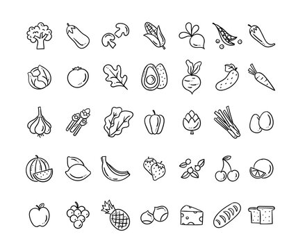 Healthy food vector icons. Hand drawn food icon set. Cute eating doodles isolated on white background