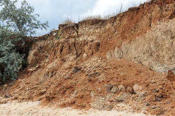 Landslide zone on Black Sea coast. Rock of sea rock shell. Zone of natural disasters during rainy...