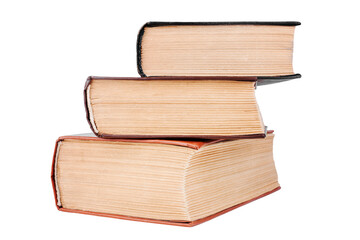 Three closed old thick paper books with yellow pages white background isolated close up, book heap, pile, stack, vintage hardcover textbooks, education symbol, read & study sign, library literature
