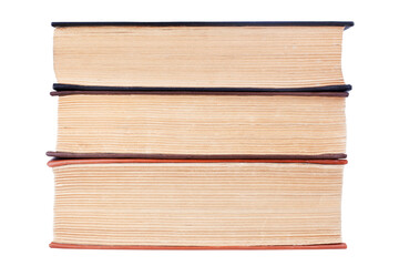 Three closed old thick paper books with yellow pages white background isolated close up, book heap, pile, stack, vintage hardcover textbooks, education symbol, read & study sign, library literature
