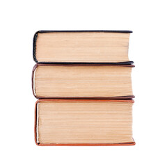 Three closed old thick paper books with yellow pages white background isolated close up, book heap, pile, stack, vintage hardcover textbooks, education symbol, read & study sign, library literature