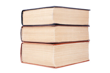 Three closed old thick paper books with yellow pages white background isolated close up, book heap, pile, stack, vintage hardcover textbooks, education symbol, read & study sign, library literature