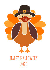 Thanksgiving 2020 greeting card template. Fully editable vector illustration. Turkey wearing a face mask. Stay home, social distancing design. Flyer, poster, greeting card, social media post
