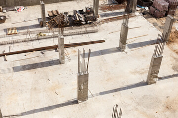 Foundation construction building site making reinforcement metal framework for pouring concrete....