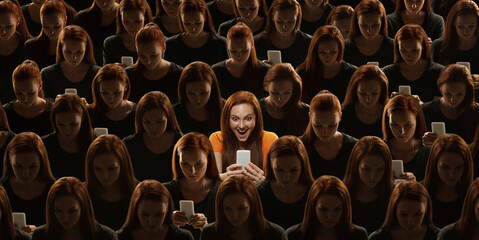 Top view of grey crowd of identical people and special one woman, difference and diversity concept. Unique among the faceless, not like everyone else. Crazy happy scrolling phone, astonished. Collage.