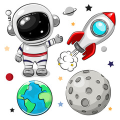 Space set of astronaut, rocket and planets - obrazy, fototapety, plakaty